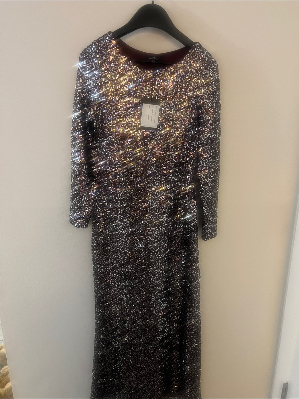 Long-Sleeve Sequin Evening Gown - Eggplant Purple and Silver